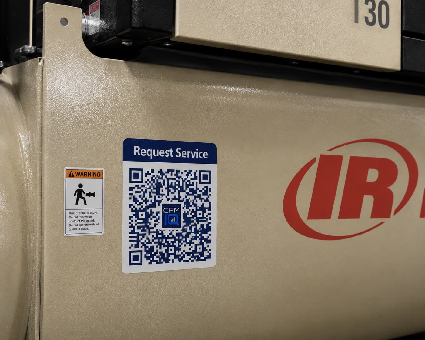 CFM-IQ QR service sticker on compressor equipment